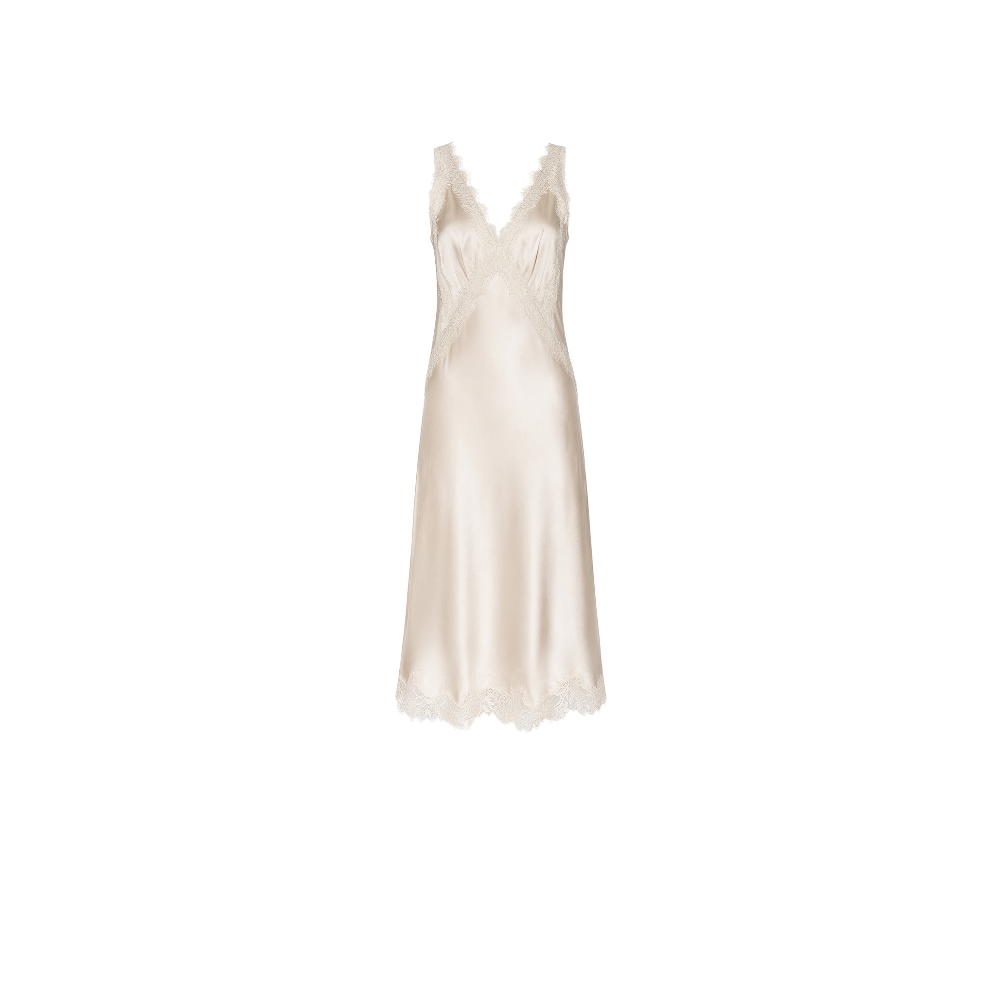 The Palorie Silk Lace Dress features an ivory satin finish, lace trim on the neckline and hem, thin straps, and a subtly flared silhouette—ideal for a Spring 2027 fashion presentation.