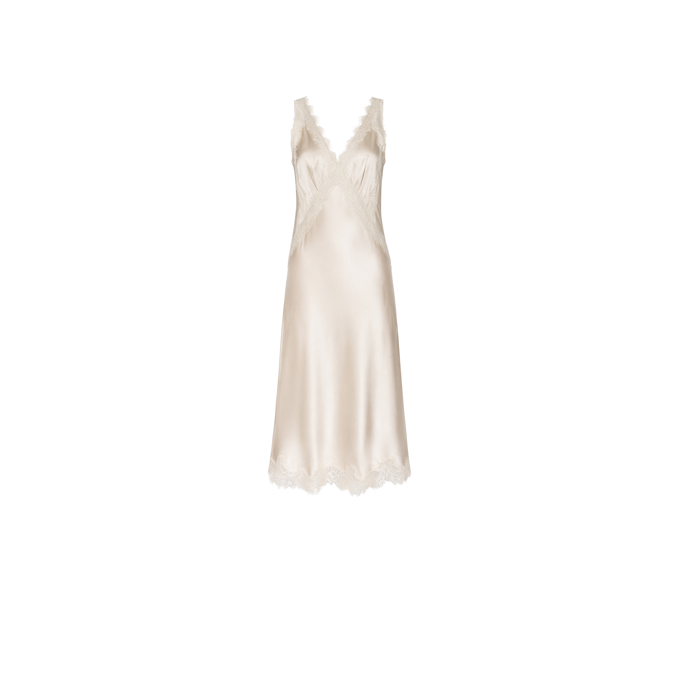 The Palorie Silk Lace Dress features an ivory satin finish, lace trim on the neckline and hem, thin straps, and a subtly flared silhouette—ideal for a Spring 2027 fashion presentation.