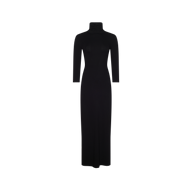 Jaesyn Dress in a black floor-length jersey knit with a turtleneck and three-quarter length sleeves.
