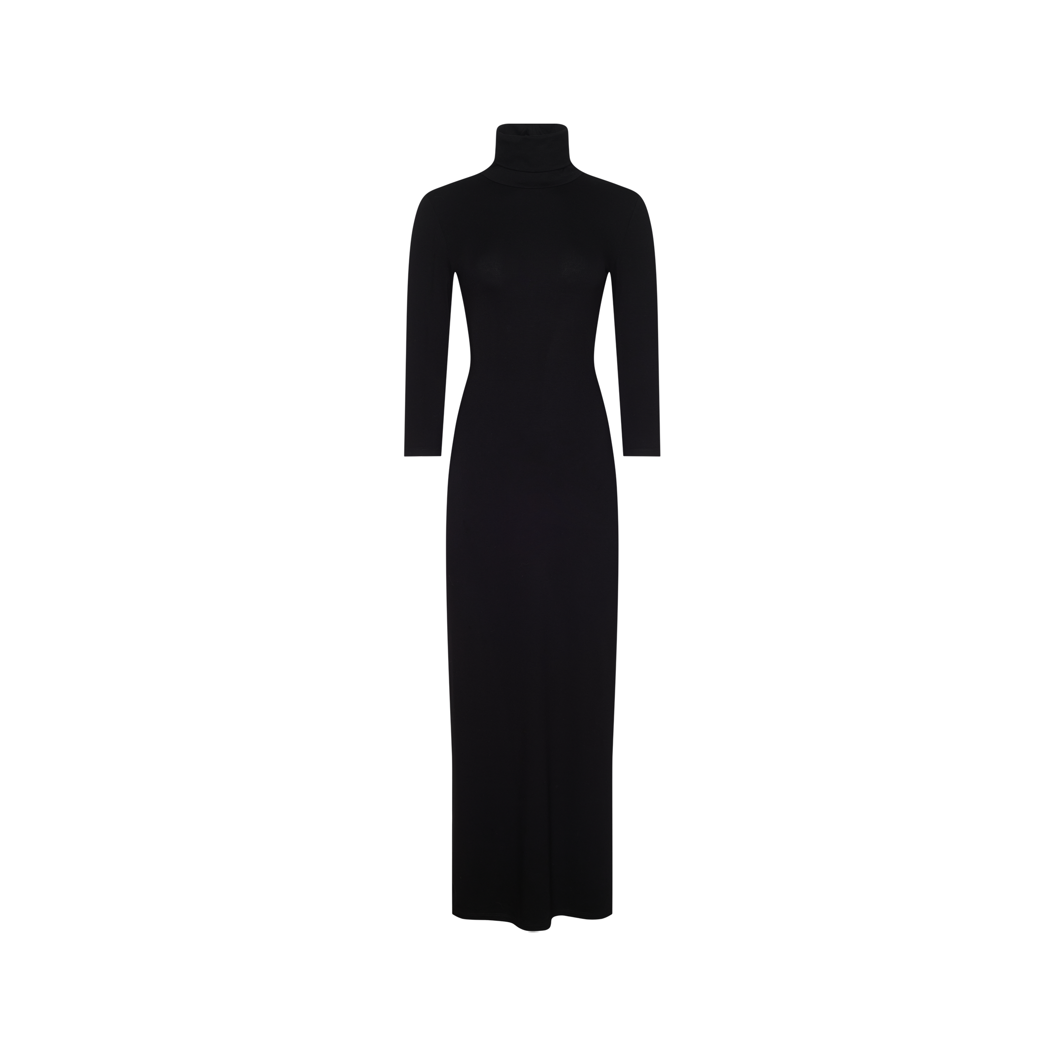 Jaesyn Dress in a black floor-length jersey knit with a turtleneck and three-quarter length sleeves.