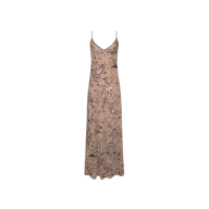 The Serita Embellished Gown is a sleeveless beige slip dress with thin spaghetti straps and an all-over paisley sequin pattern, inspired by Spring 2027 fashion presentation trends.