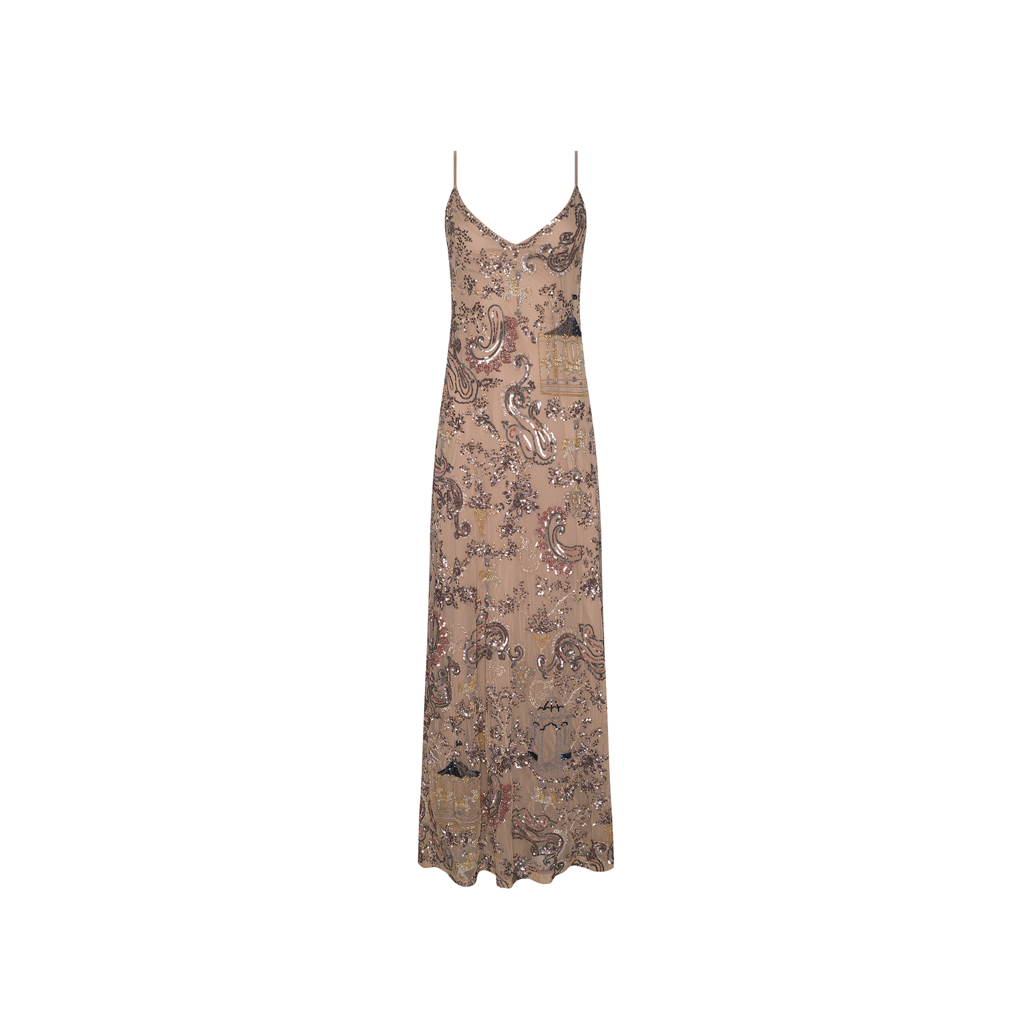 The Serita Embellished Gown is a sleeveless beige slip dress with thin spaghetti straps and an all-over paisley sequin pattern, inspired by Spring 2027 fashion presentation trends.