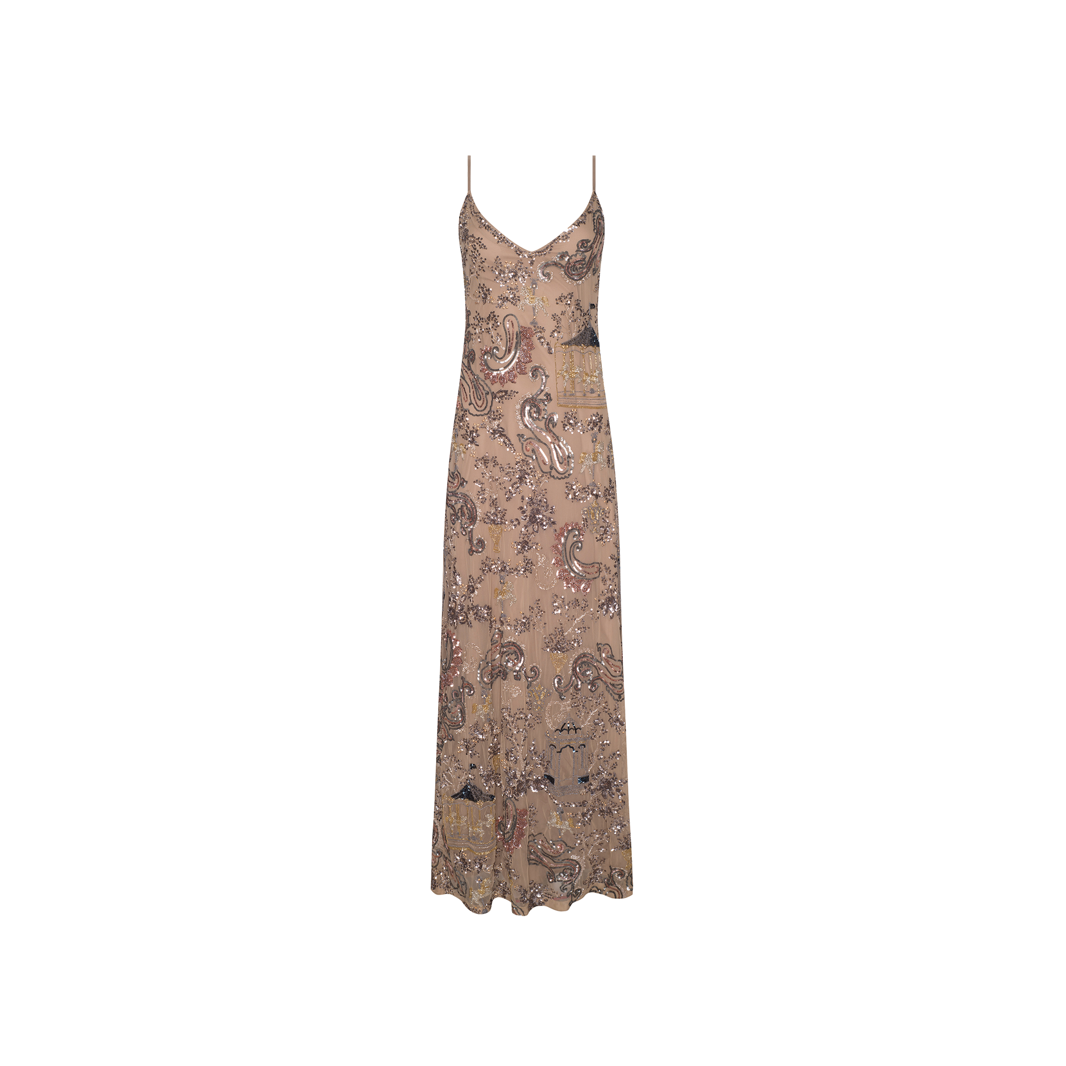 The Serita Embellished Gown is a sleeveless beige slip dress with thin spaghetti straps and an all-over paisley sequin pattern, inspired by Spring 2027 fashion presentation trends.