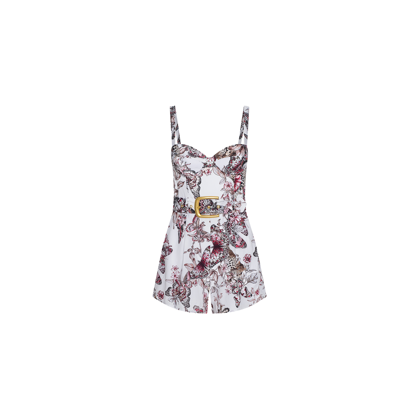 Introducing the Tammy Romper: a sleeveless, short white romper designed with thin straps and a structured bodice. Showcasing a vibrant pink, burgundy, and gray floral and bird print, it features a small rectangular cut-out on the front for added style.