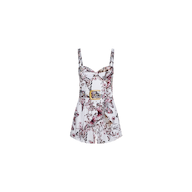 Introducing the Tammy Romper: a sleeveless, short white romper designed with thin straps and a structured bodice. Showcasing a vibrant pink, burgundy, and gray floral and bird print, it features a small rectangular cut-out on the front for added style.