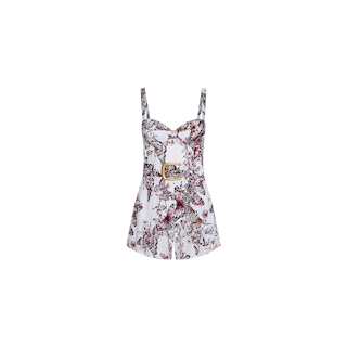 Introducing the Tammy Romper: a sleeveless, short white romper designed with thin straps and a structured bodice. Showcasing a vibrant pink, burgundy, and gray floral and bird print, it features a small rectangular cut-out on the front for added style.