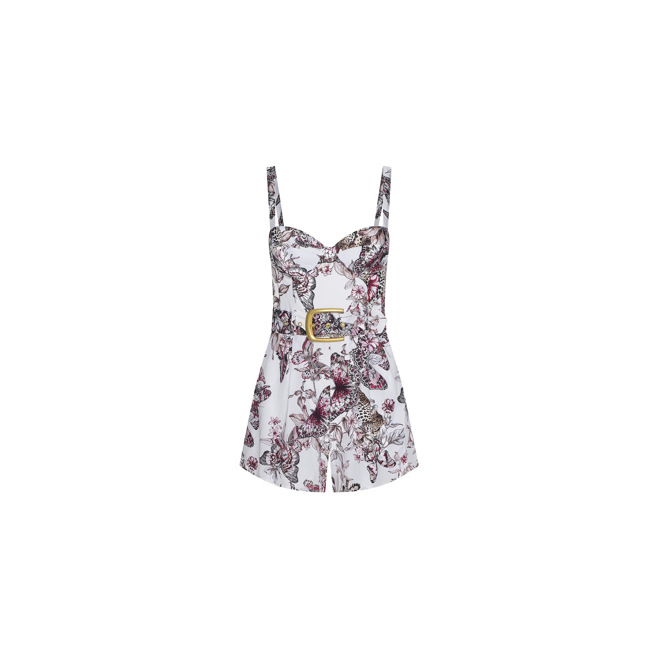Introducing the Tammy Romper: a sleeveless, short white romper designed with thin straps and a structured bodice. Showcasing a vibrant pink, burgundy, and gray floral and bird print, it features a small rectangular cut-out on the front for added style.