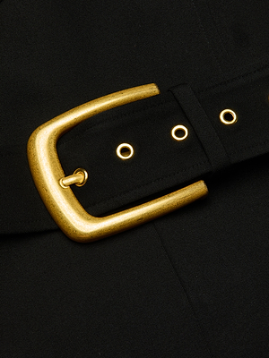 Close-up of a black waist-defining belt with a gold metal buckle and gold-rimmed holes, set against a black background—ideal for pairing with the Jessa Bustier Jumpsuit.