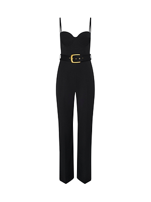 The Jessa Bustier Jumpsuit features thin straps, a sweetheart neckline, and a fitted bodice with a waist-defining belt and gold buckle. Made from bi-stretch twill, its straight-leg pants create a sleek silhouette.