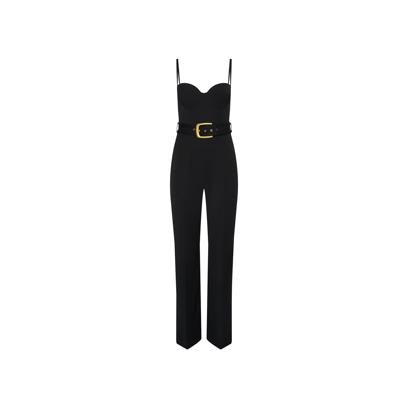 The Jessa Bustier Jumpsuit is a black sleeveless piece with thin straps, a sweetheart neckline, and a fitted bodice. It features a waist-defining belt with a large gold buckle, straight-leg pants, and is crafted from bi-stretch twill. The jumpsuit is displayed on a plain white background.