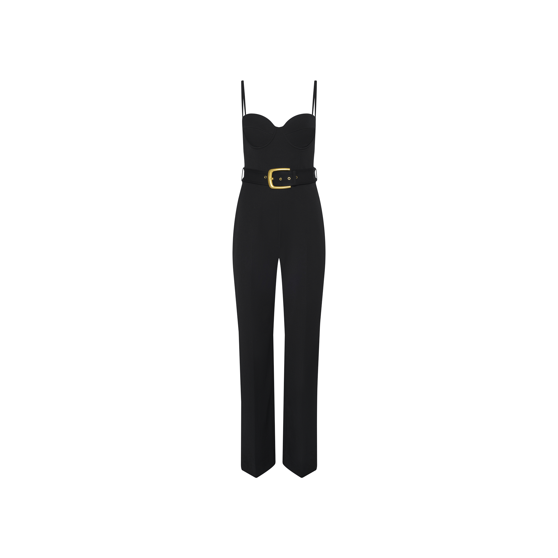 The Jessa Bustier Jumpsuit is a black sleeveless piece with thin straps, a sweetheart neckline, and a fitted bodice. It features a waist-defining belt with a large gold buckle, straight-leg pants, and is crafted from bi-stretch twill. The jumpsuit is displayed on a plain white background.