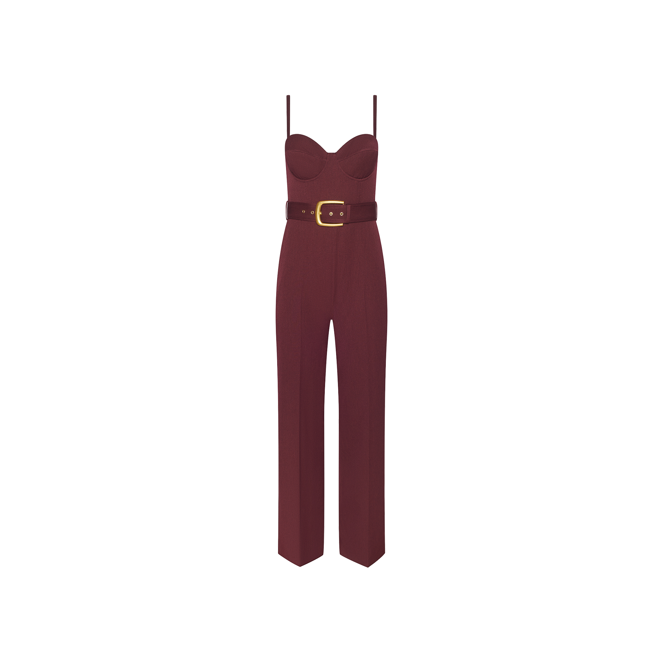 Jessa Bustier Jumpsuit in deep red, featuring a sweetheart neckline, thin shoulder straps, and a matching belt with a gold-tone buckle at the waist.