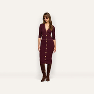 A woman in an Irvin Pointelle Knit Cardigan and matching burgundy pencil skirt, paired with brown suede knee-high boots and sunglasses as a lightweight transitional layer.