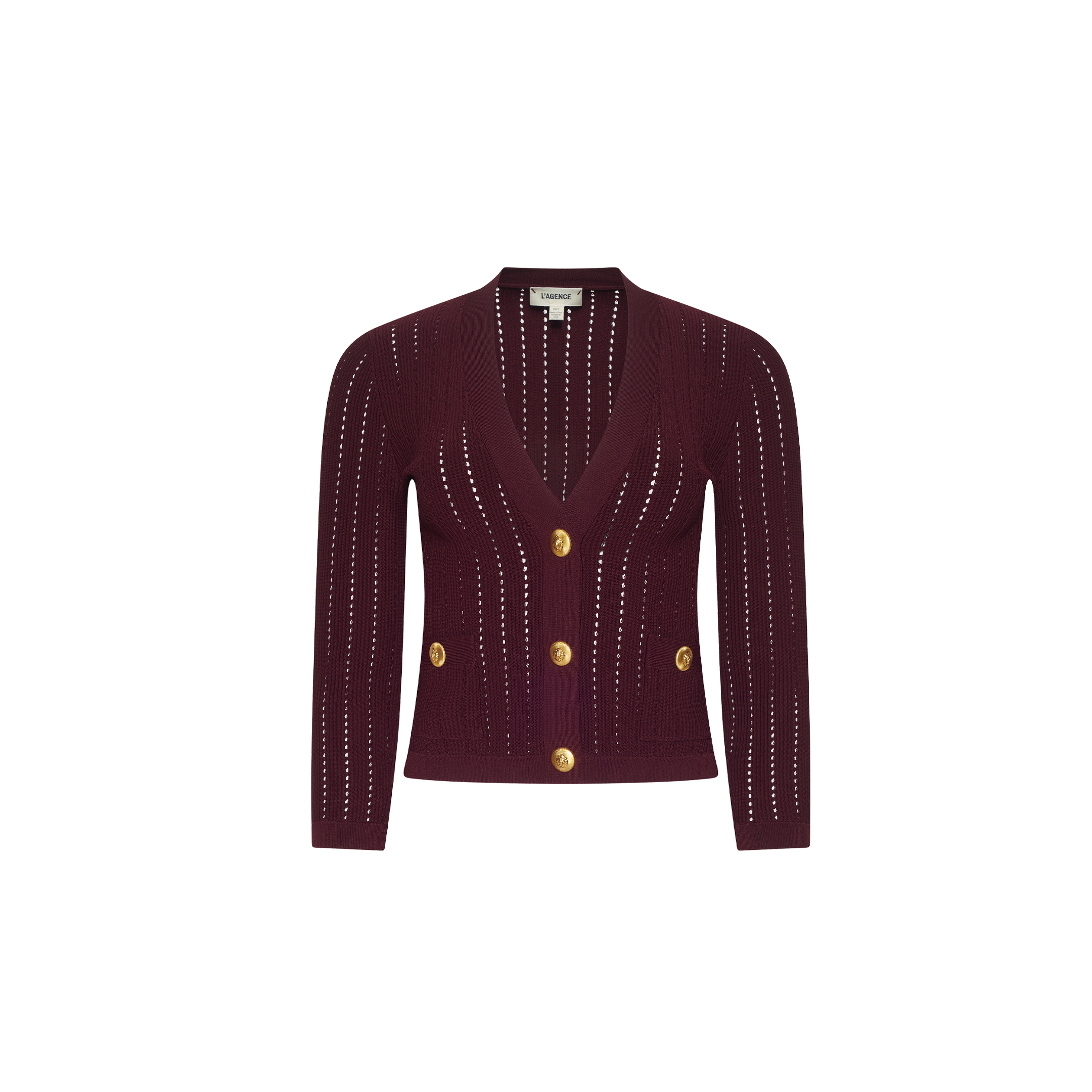 Deep burgundy V-neck Irvin Pointelle Knit Cardigan featuring a vertical pointelle knit pattern and four gold-tone buttons.