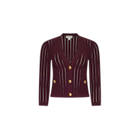 Deep burgundy V-neck Irvin Pointelle Knit Cardigan featuring a vertical pointelle knit pattern and four gold-tone buttons.