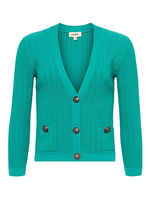 The Irvin Pointelle Knit Cardigan features a teal hue, deep V-neck, four large buttons, pointelle knit details, two small buttoned pockets, and long sleeves for a cozy yet stylish look.