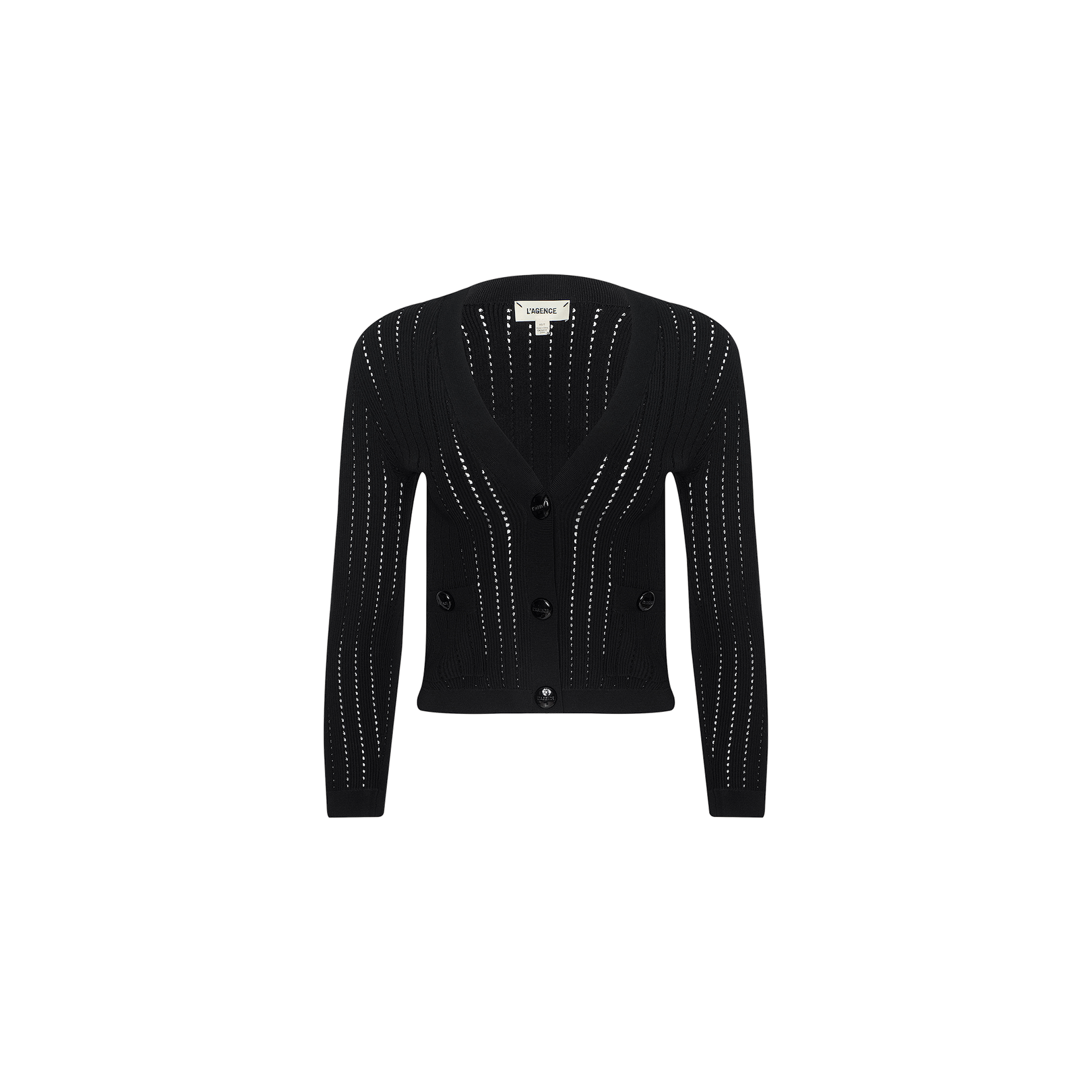 The Irvin Pointelle Knit Cardigan features a black pointelle knit design with a deep V-neck, long sleeves, vertical eyelet detailing, and four large buttons on the front. Displayed against a plain white background, this lightweight cardigan combines stylish details with comfortable wear.