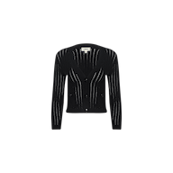 The Irvin Pointelle Knit Cardigan features a black pointelle knit design with a deep V-neck, long sleeves, vertical eyelet detailing, and four large buttons on the front. Displayed against a plain white background, this lightweight cardigan combines stylish details with comfortable wear.