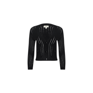 Irvin Pointelle Knit Cardigan in black, featuring long sleeves, a V-neckline, and button-front closure. This lightweight cardigan showcases vertical open-knit pointelle patterns throughout for a textured and stylish appearance. Displayed on a plain white background.