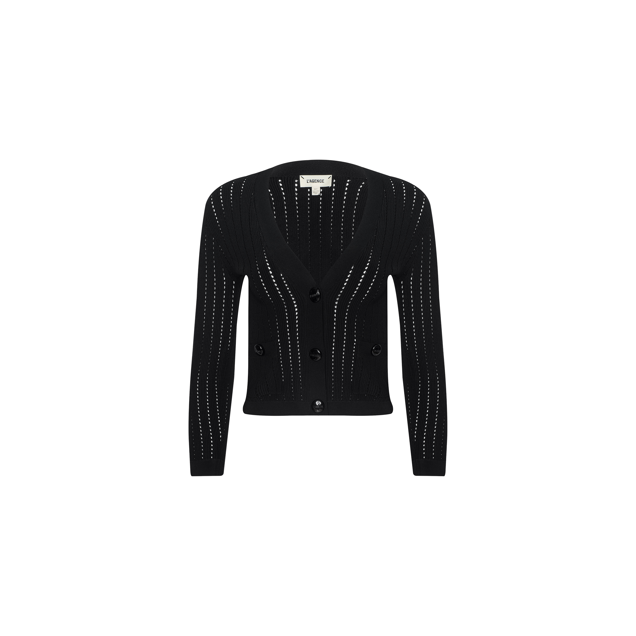 The Irvin Pointelle Knit Cardigan features a black pointelle knit design with a deep V-neck, long sleeves, vertical eyelet detailing, and four large buttons on the front. Displayed against a plain white background, this lightweight cardigan combines stylish details with comfortable wear.
