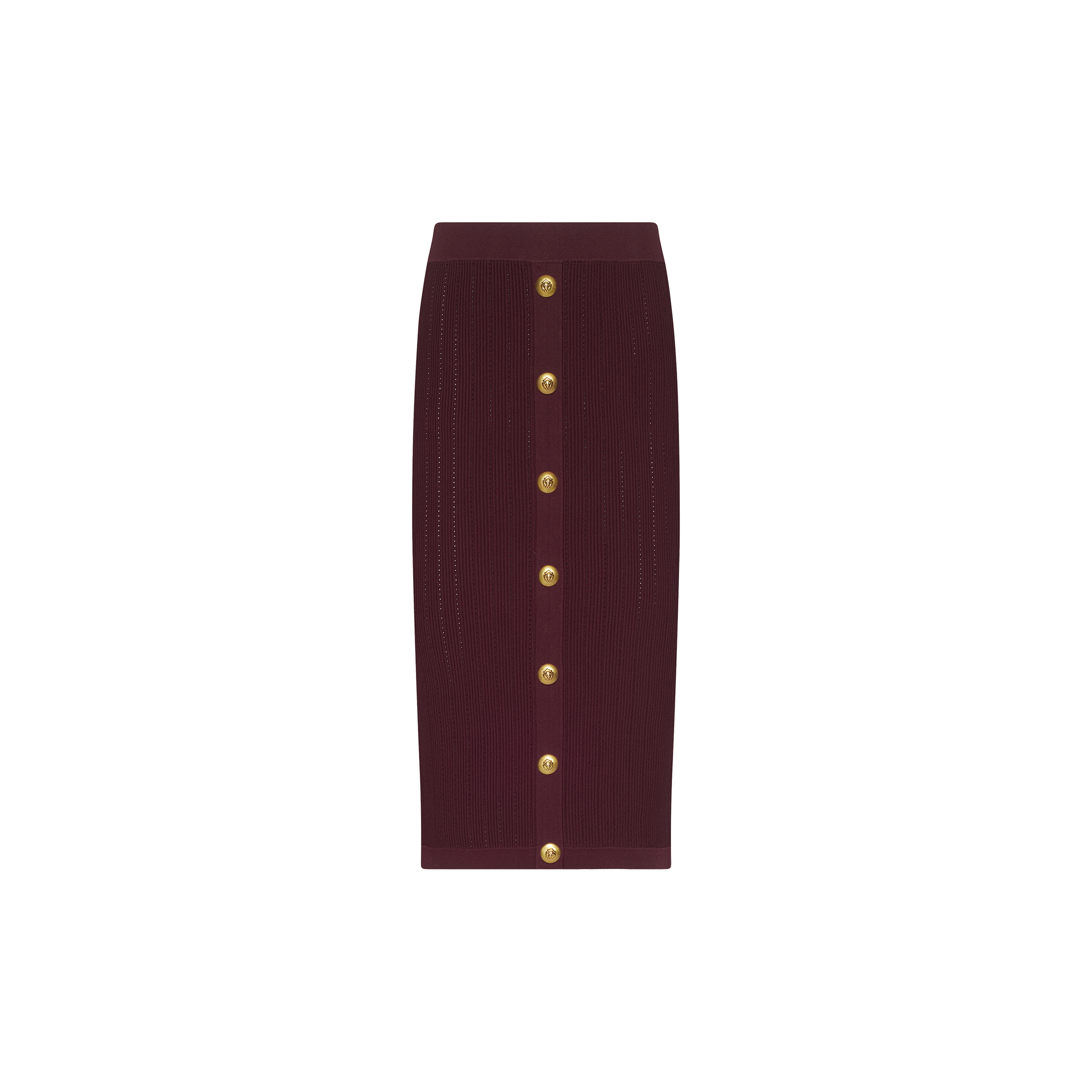 Melania Pointelle Knit Skirt: a burgundy, ribbed knit midi skirt with an elastic waistband and a vertical row of gold buttons down the front.