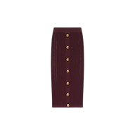 Melania Pointelle Knit Skirt: a burgundy, ribbed knit midi skirt with an elastic waistband and a vertical row of gold buttons down the front.