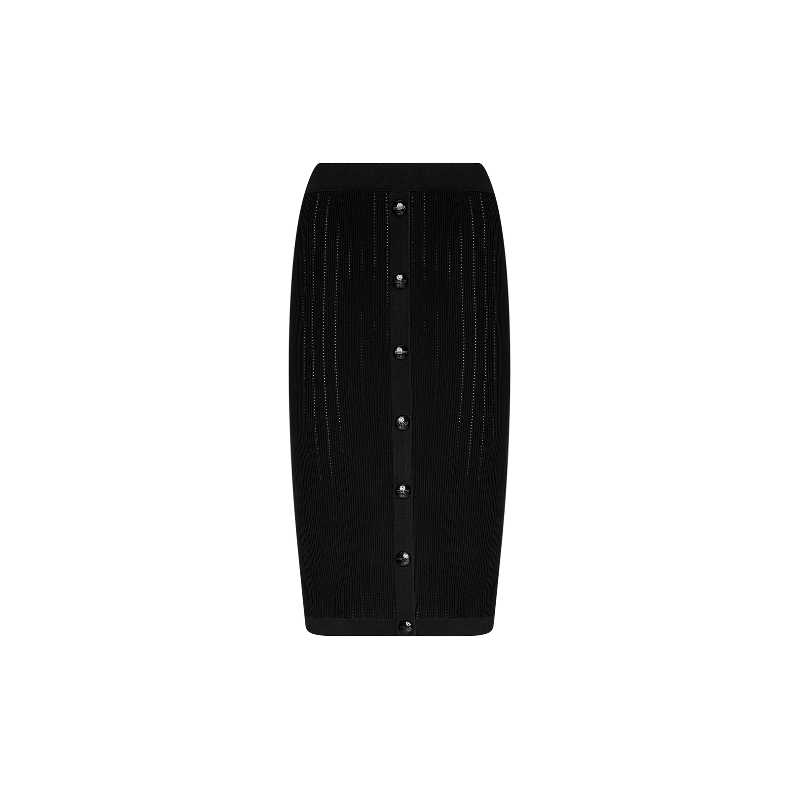 The Melania Pointelle Knit Skirt is a black, knee-length pencil skirt featuring vertical buttons down the center front and subtle vertical stitched detailing for a flattering, body-skimming fit, displayed on a plain white background.