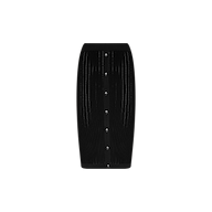 The Melania Pointelle Knit Skirt is a black, knee-length pencil skirt featuring vertical buttons down the center front and subtle vertical stitched detailing for a flattering, body-skimming fit, displayed on a plain white background.