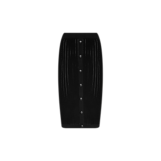 The Melania Pointelle Knit Skirt is a black, knee-length pencil skirt featuring vertical buttons down the center front and subtle vertical stitched detailing for a flattering, body-skimming fit, displayed on a plain white background.