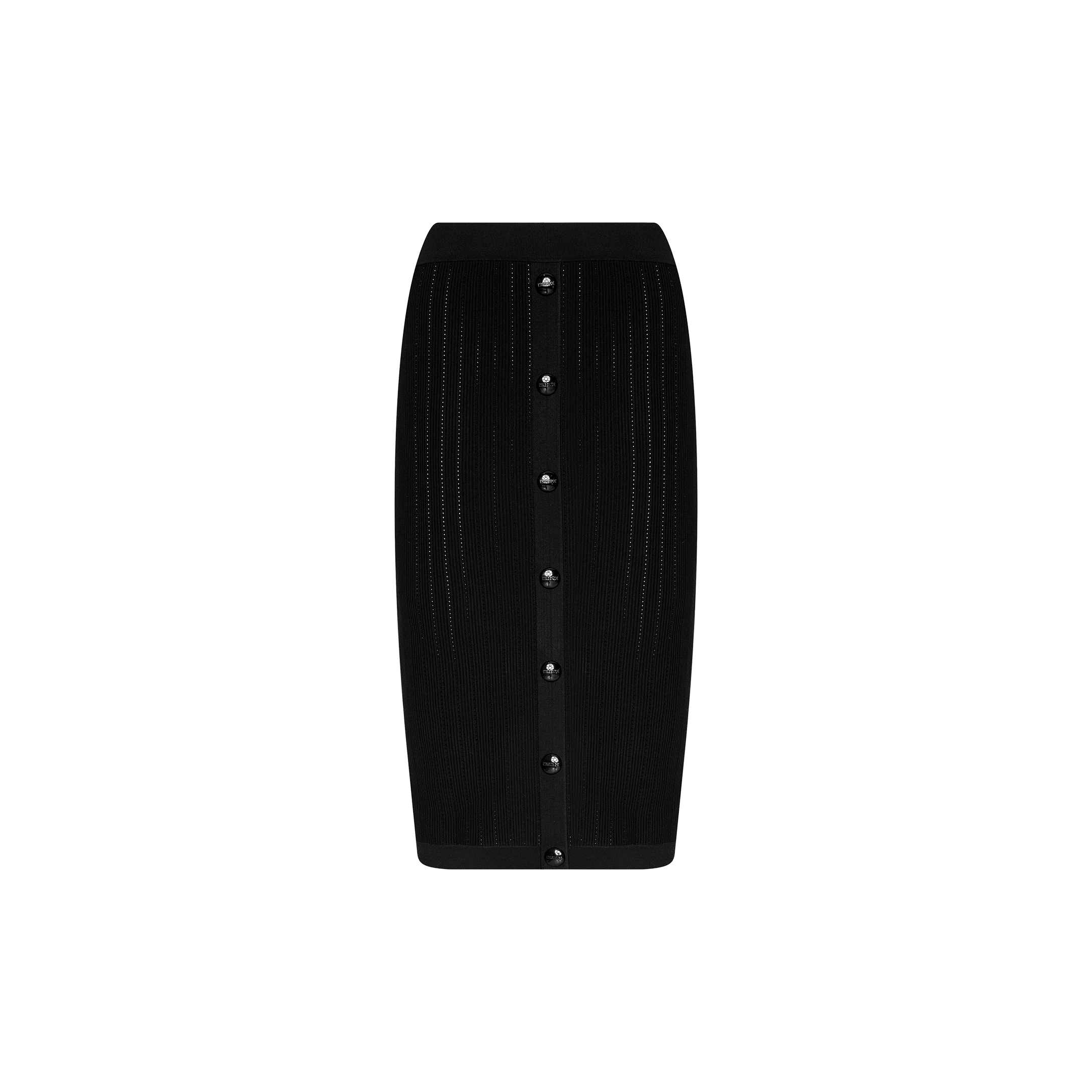 The Melania Pointelle Knit Skirt is a black, knee-length pencil skirt featuring vertical buttons down the center front and subtle vertical stitched detailing for a flattering, body-skimming fit, displayed on a plain white background.