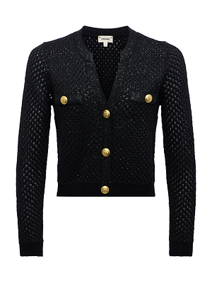 The L'AGENCE Blanca Sequin Cardigan features black textured knit, long sleeves, embossed gold dome buttons down the front, two chest pockets with gold buttons, a round neckline, and ribbed cuffs and hem.