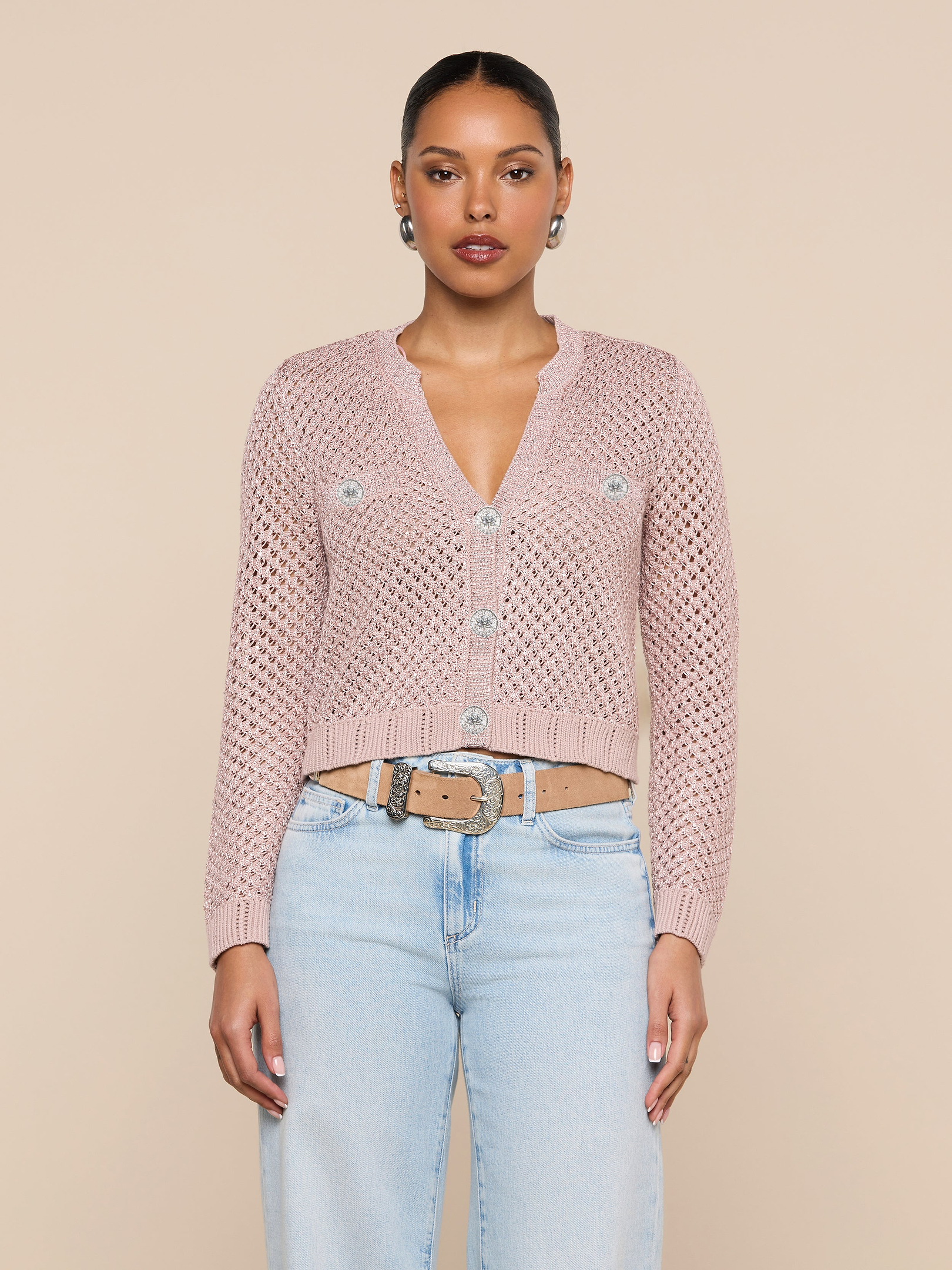 Blanca Sequin Cardigan in Adobe Rose | L'AGENCE