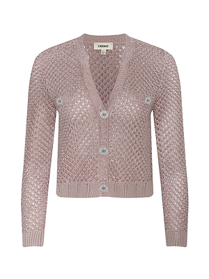The Blanca Sequin Cardigan, shown against a plain beige background, is an adobe rose, lightweight knit with mesh texture, long sleeves, front buttons, and a single chest pocket.