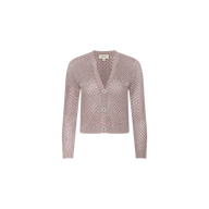 The Blanca Sequin Cardigan is a light pink, long-sleeve knit cardigan in adobe rose, featuring sparkling sequins, a V-neckline, and four large buttons down the front. This stylish lightweight layer is shown against a plain white background.