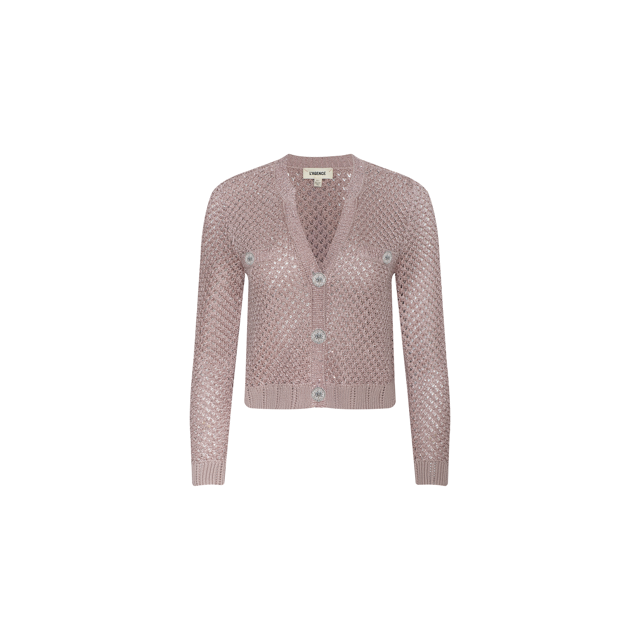 The Blanca Sequin Cardigan is a light pink, long-sleeve knit cardigan in adobe rose, featuring sparkling sequins, a V-neckline, and four large buttons down the front. This stylish lightweight layer is shown against a plain white background.