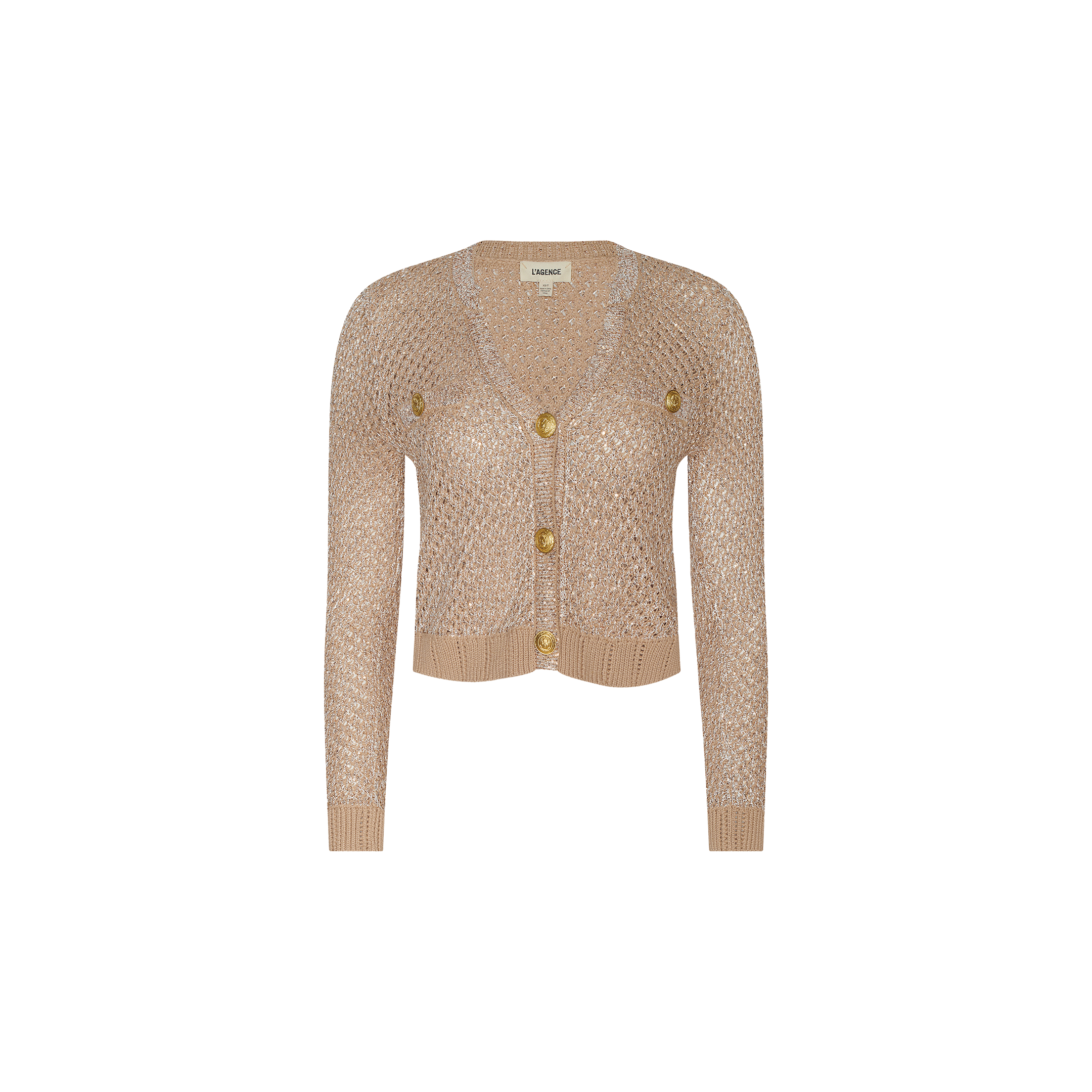 The Blanca Sequin Cardigan is a neutral tan knit with a V-neckline, long sleeves, a cropped silhouette, and four oversized gold buttons down the front. Made from lightweight sequined pointelle knit, it is shown against a plain white backdrop.