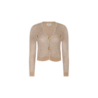 The Blanca Sequin Cardigan is a neutral tan knit with a V-neckline, long sleeves, a cropped silhouette, and four oversized gold buttons down the front. Made from lightweight sequined pointelle knit, it is shown against a plain white backdrop.