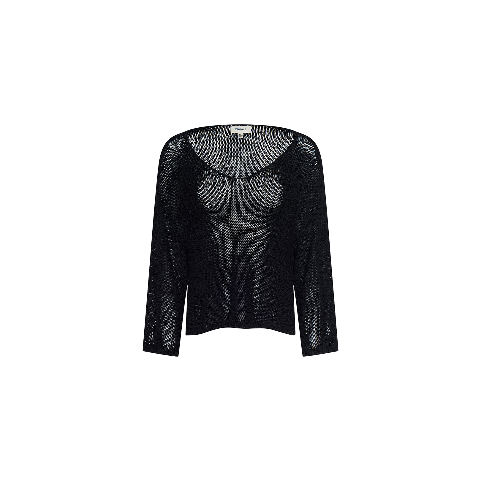The Ethan Knit Pullover is a black, long-sleeve sheer knit top featuring a relaxed fit and a scoop neckline, shown against a plain white background.