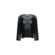 The Ethan Knit Pullover is a black, long-sleeve sheer knit top featuring a relaxed fit and a scoop neckline, shown against a plain white background.