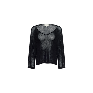 The Ethan Knit Pullover is a black, long-sleeve sheer knit top featuring a relaxed fit and a scoop neckline, shown against a plain white background.