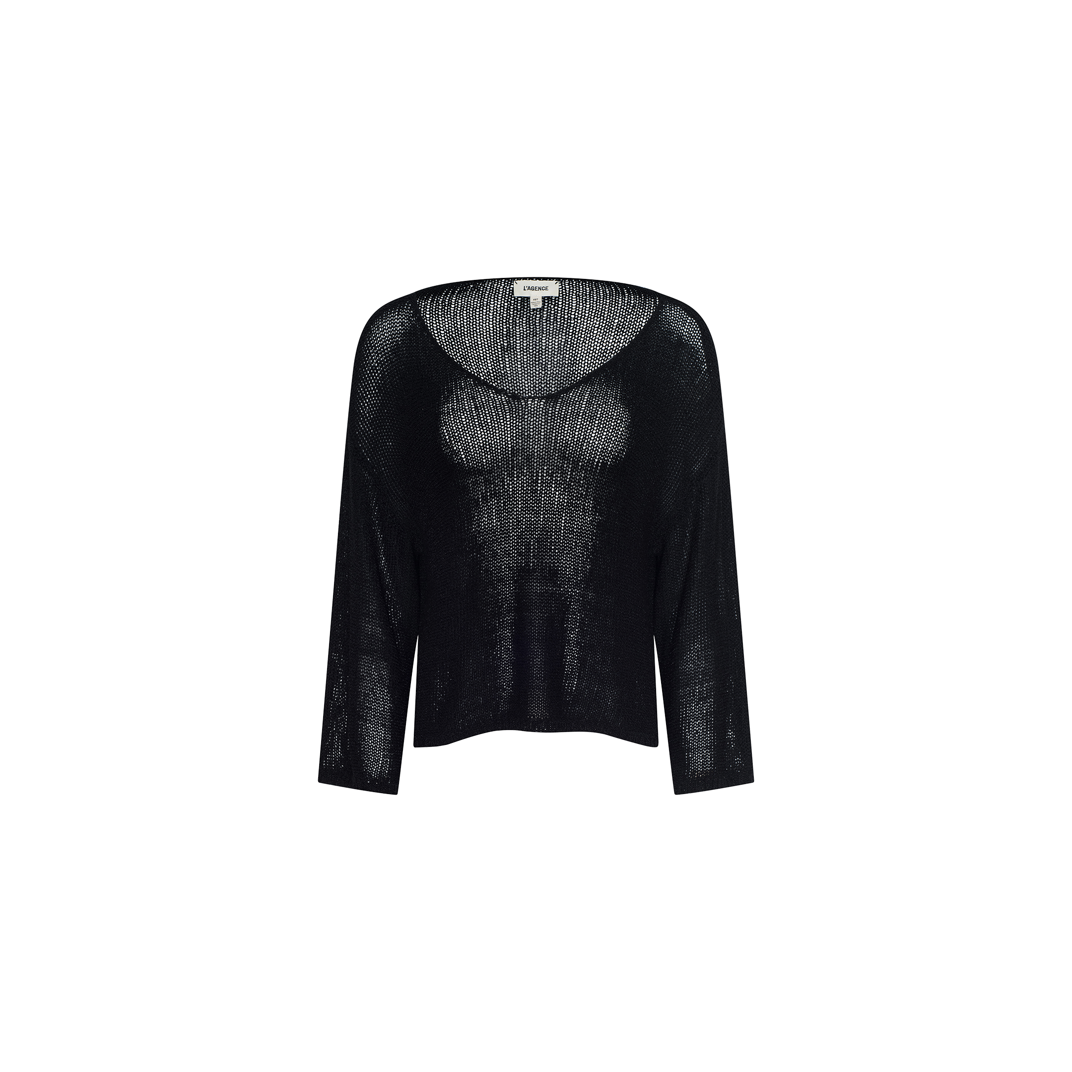 The Ethan Knit Pullover is a black, long-sleeve sheer knit top featuring a relaxed fit and a scoop neckline, shown against a plain white background.