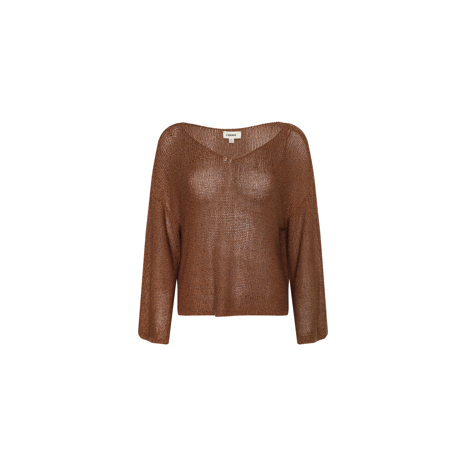 The Ethan Knit Pullover is a sheer, long-sleeve brown knit top featuring a relaxed fit and a wide off-shoulder neckline, displayed on a plain white background.