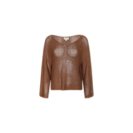 The Ethan Knit Pullover is a sheer, long-sleeve metallic bronze knit featuring a wide off-shoulder neckline, relaxed fit, and straight hem, displayed on a plain white background.