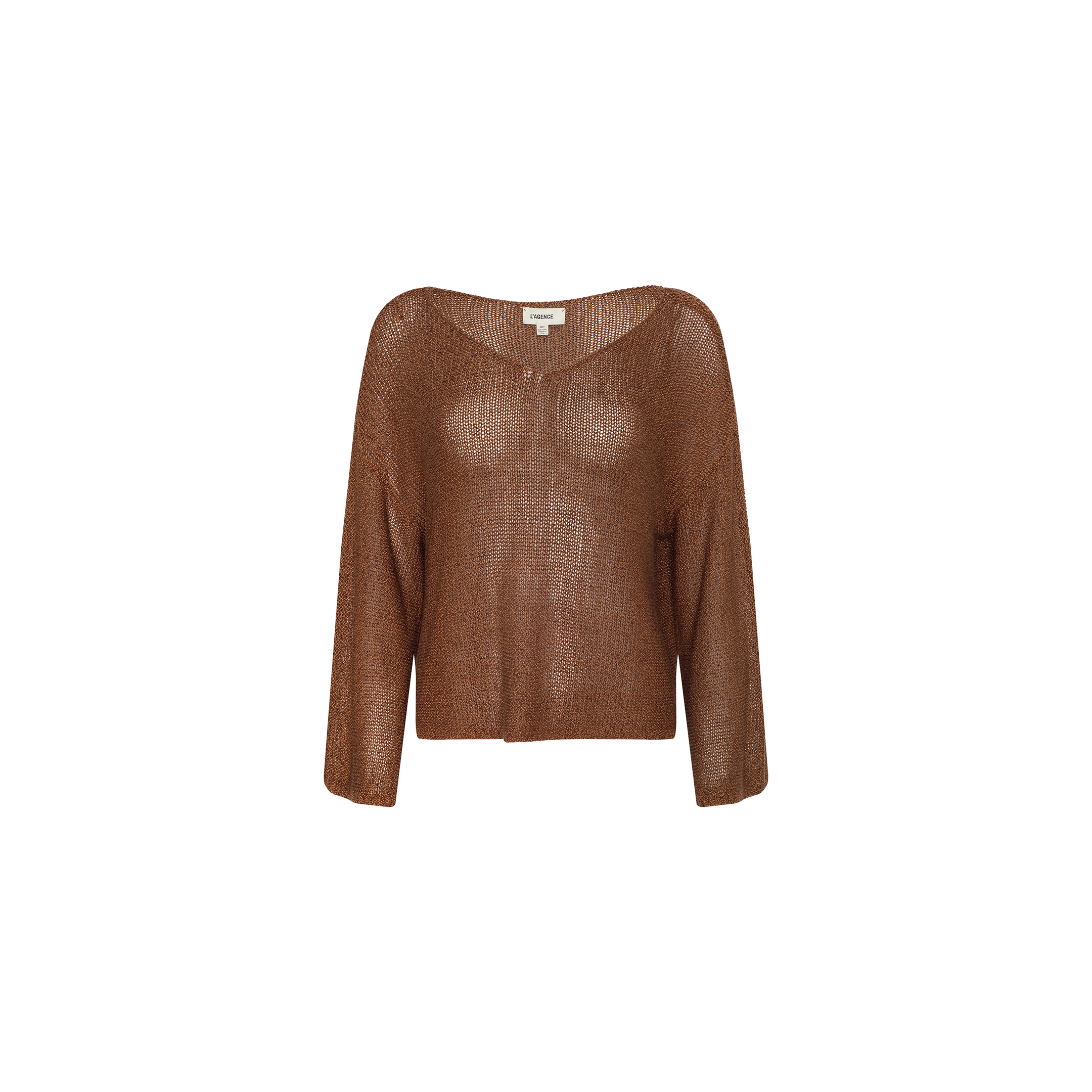 The Ethan Knit Pullover is a sheer, long-sleeve metallic bronze knit featuring a wide off-shoulder neckline, relaxed fit, and straight hem, displayed on a plain white background.