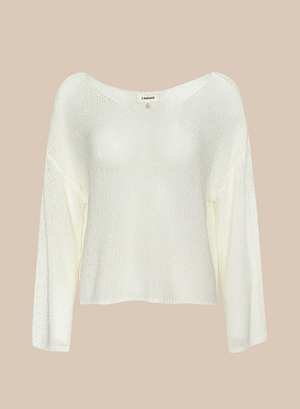 The Ethan Knit Pullover is a relaxed fit, long-sleeve, off-white V-neck with a loose-knit texture, shown against a plain beige background.