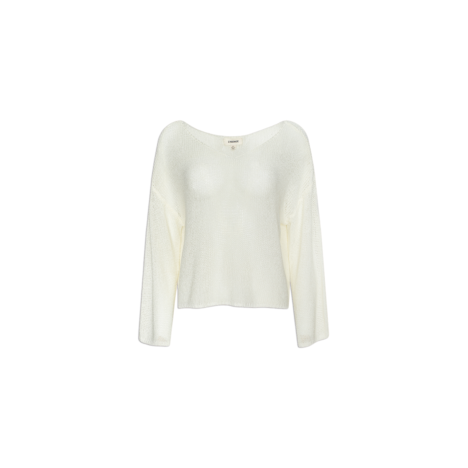 The Ethan Knit Pullover is a long-sleeve, semi-sheer white knit sweater featuring a relaxed fit, slightly dropped shoulders, and a wide neckline—ideal for an understated off-shoulder look—shown against a plain white background.