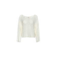 The Ethan Knit Pullover, a long-sleeved white knit with a relaxed fit and wide off-shoulder neckline, is centered on a plain white background.