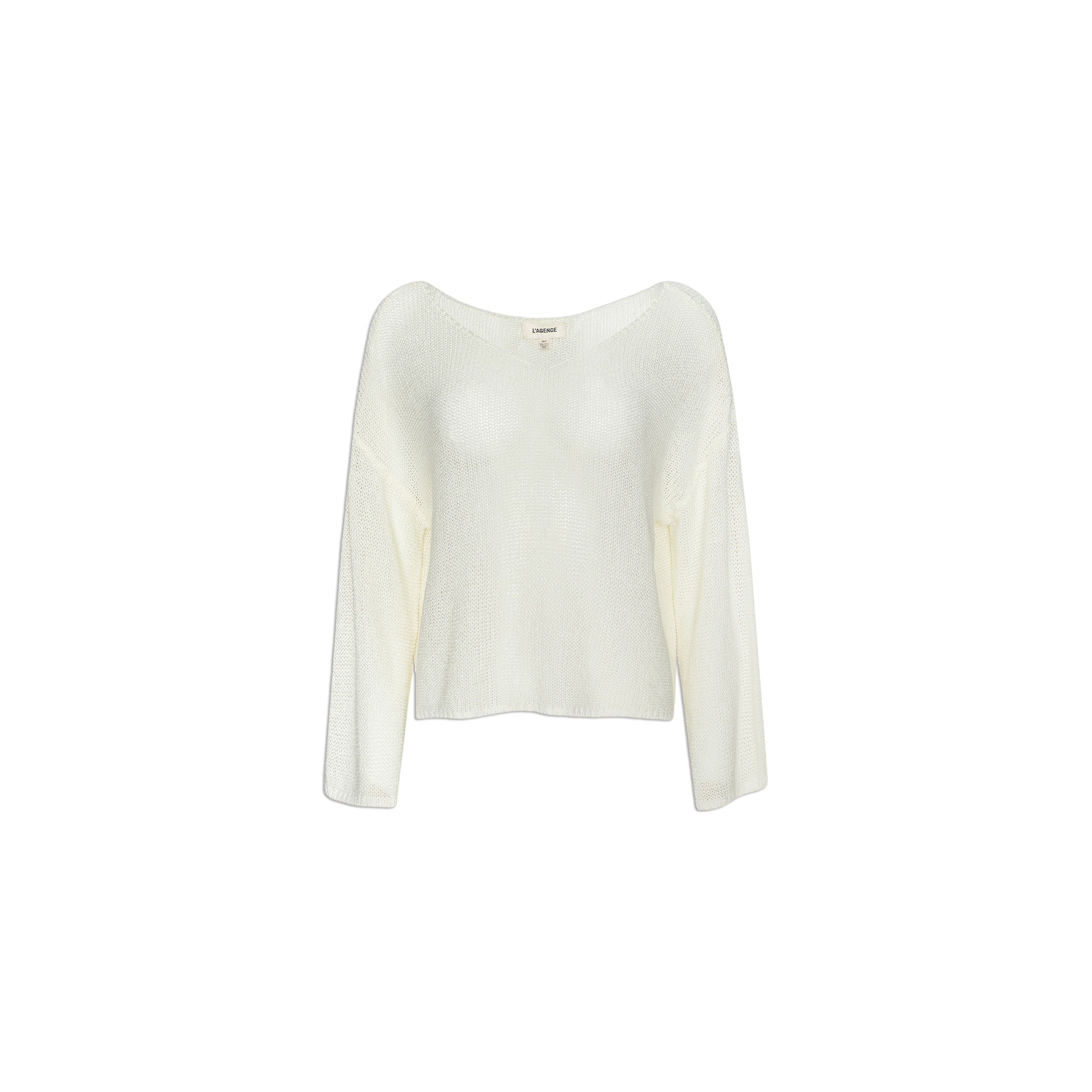 The Ethan Knit Pullover, a long-sleeved white knit with a relaxed fit and wide off-shoulder neckline, is centered on a plain white background.