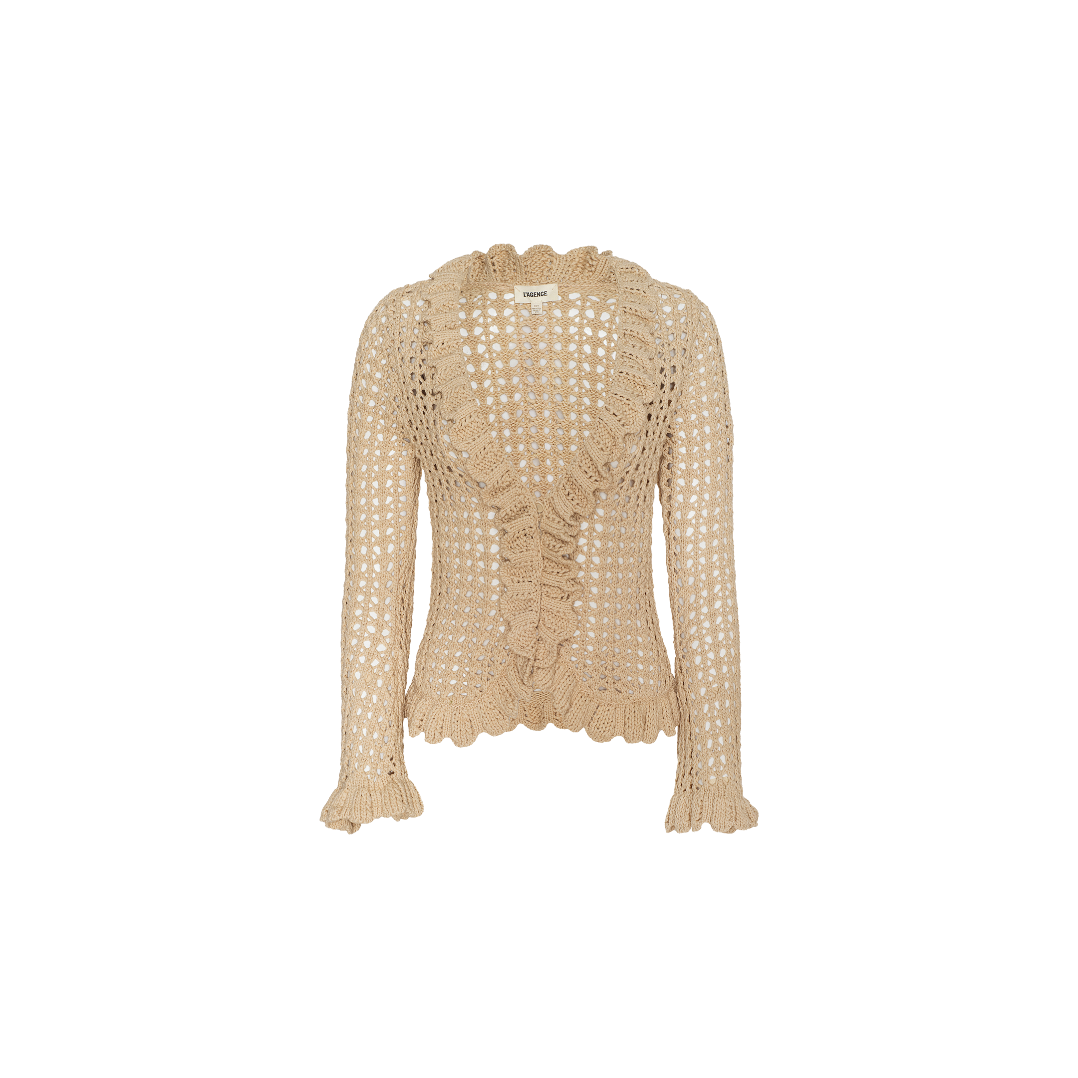 The Solaris Crocheted Cardigan features a beige open-stitch crochet design with long sleeves, ruffled cuffs, a ruffled collar, and a scalloped hem. Displayed against a plain white background, this lightweight layer brings delicate texture and charm to any outfit.