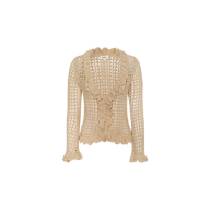 The Solaris Crocheted Cardigan features a beige open-stitch crochet design with long sleeves, ruffled cuffs, a ruffled collar, and a scalloped hem. Displayed against a plain white background, this lightweight layer brings delicate texture and charm to any outfit.
